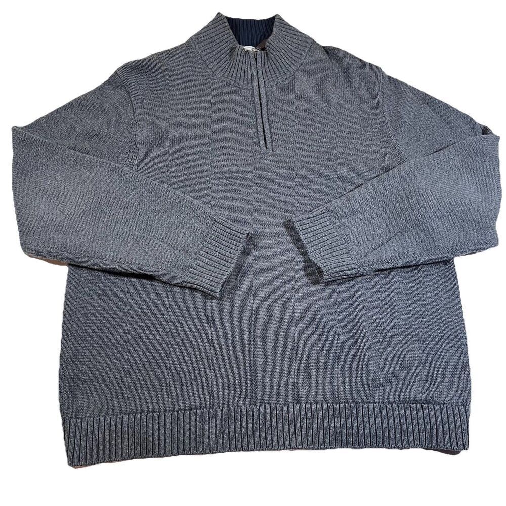 LL Bean 1/4 Zip Grey Cotton Knit Mock Neck Pullover Sweater Men's Size XL